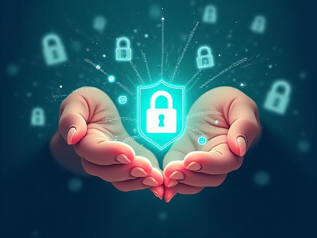 Ilustración de manos protegiendo datos digitales, representando la seguridad de la información en Alba & Luz.